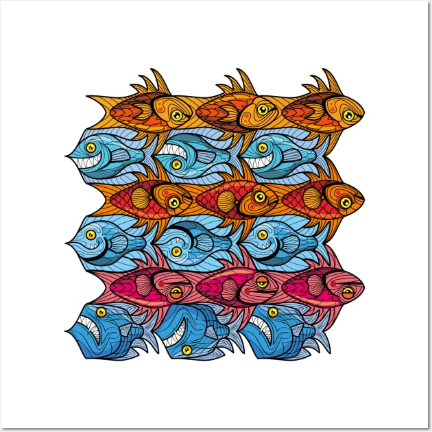 Fish tessellation escher style in red and blue Wall Art by Maxsomma